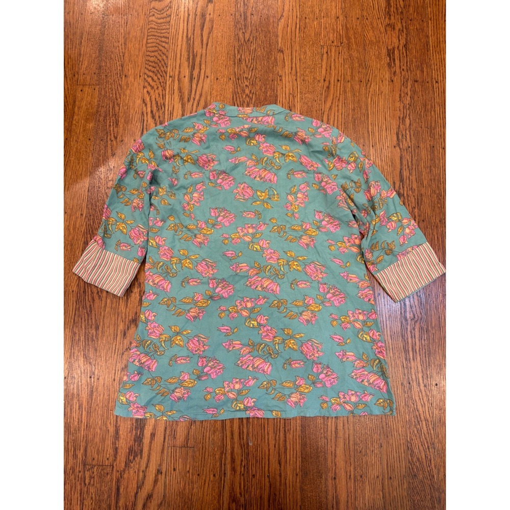 Boho Floral Pintuck Tunic Top Teal Green Pink 3/4 Sleeve Striped Cuff Medium - Picture 4 of 4